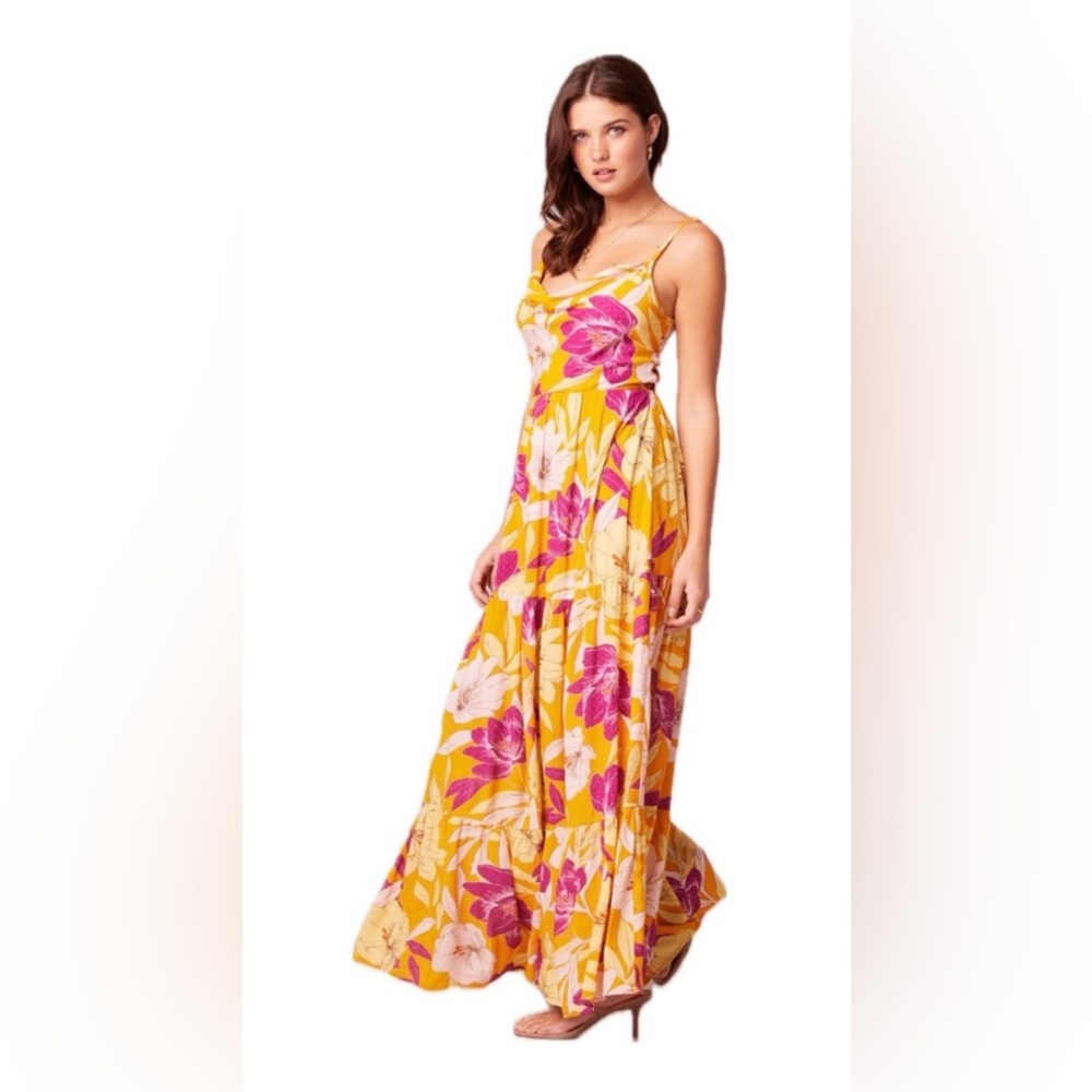 Band of the Free Lovescape Gold Floral Cowl Neck Maxi Dress, NWT size XS